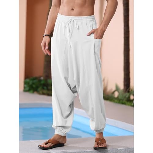 Runcati Mens Harem Pants Baggy Hippie Casual Cotton Linen Loose Boho Yoga Beach Drop Crotch Trouser