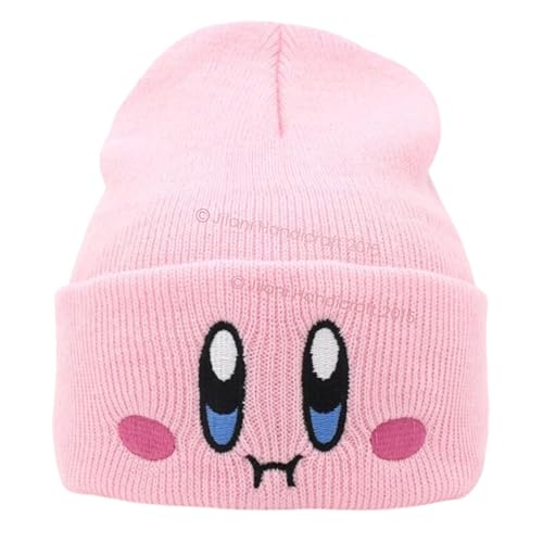 Kids Anime Beanie Hat Pink - Cute Kawaii Slouchy Embroidered Face Knit Cap for Adults