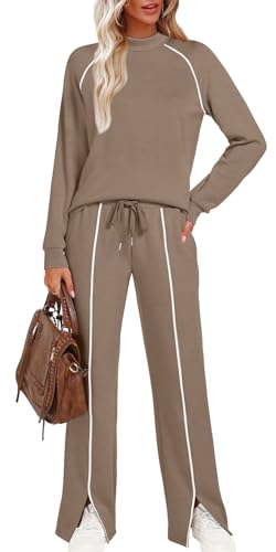 WIHOLL 2 Piece Travel Outfits for Women - Medium Khaki Track Suits & Lounge Sets