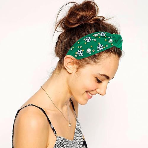Soccer Headbands for Women Crystal Embellished Wide Top Knot Headband - Green