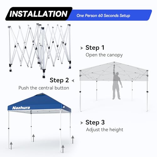 Nazhura 10' x 10' Pop Up Canopy Tent with Sand Weight Bag, Freestanding Sun Shelter for Picnic and Camping, One Person Setup and Height Adjustable (Blue)