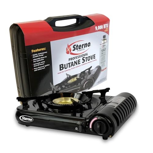 Sterno Portable Butane Stove - 9K/10K BTU Single Burner Stove, Outdoor & Indoor Use Butane Gas Burner with Carrying Case - Camping Cooktop for Tailgating, Outdoor Cooking, Catering, & Action Stations