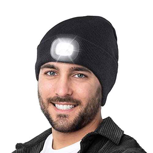 Tutuko Unisex LED Beanie with Light, USB Rechargeable Headlamp Knitted Winter Cap Gifts for Men Women Dad