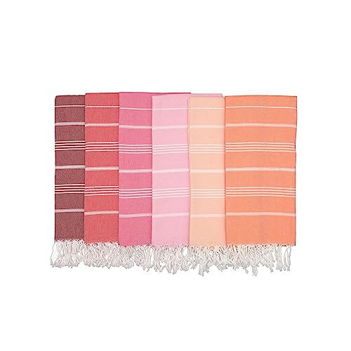 Oversized Turkish Beach Towel Set of 6 - Burgundy, Red, Fuchsia, Pink, Salmon, Orange 38"x71" Lightweight Sand-Free Quick Dry Cotton Pool Towels