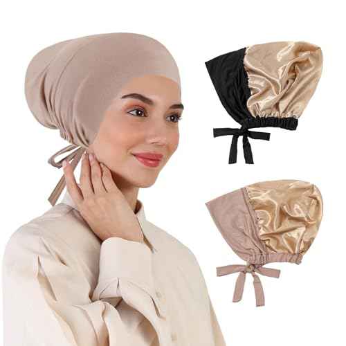 XEPST 2 PCS Hijab Undercap for Women, Satin Undercap for Hijab Islamic Muslim Under Hijabcap Modal Head Wraps Tie Back Bonnet Inner Head Scarf Turbans for Women Chemo Hat Sleep Cap, Black+Khaki