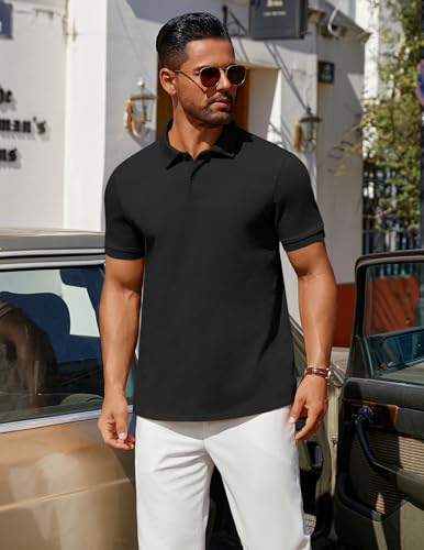 Men's Black Polo Shirt - 100% Cotton Heavyweight Short Sleeve Golf Top, Size Large