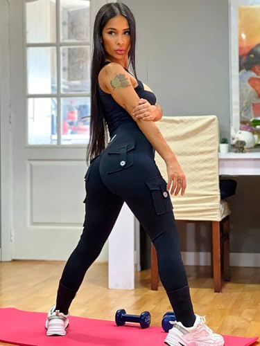 Women’s Workout Cargo Leggings with 4 Pockets, 25-Inch Inseam, Medium, Black