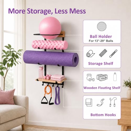 Yoga Mat & Ball Wall Mount Organizer with Adjustable Pine Shelf and Hooks