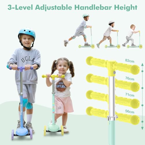 Kids Scooter with Light-Up Wheels - Mint, Adjustable 4-Level Height, 3-Wheel Toddler Scooter, Lean-to-Steer Design