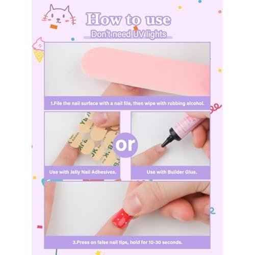 130PCS Kids Press on Nails, TOROKOM Fake Nails Set Short Square Glue on Nails for Girls Gift 8-12 Age, Heart Flower Butterfly Stick on Nails for Kids with Jelly Nail Adhesives & Glue