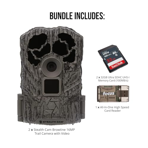 Stealth Cam Browtine 16MP, Durable, 60 Feet Infrared Detection Range, and Burst Mode Trail Camera (2-Pack) Bundle with USB 2.0 Card Reader, and Two 32GB Ultra SDHC UHS-I Memory Card (5 Items)