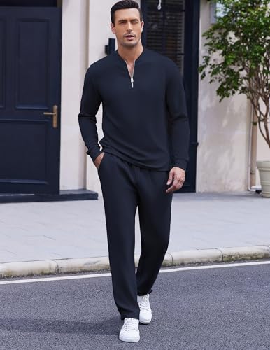 Men's Navy Blue 2-Piece Tracksuit Set Polo Athletic Sweatsuit Quarter Zip Jogging Outfit Large
