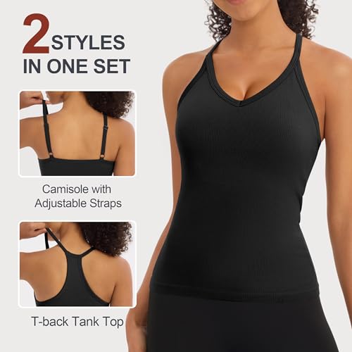 2 Pack Workout Tank Tops with Built-in Bra for Women V Neck Ribbed Set B X-Large