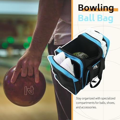 Blue Bowling Ball Bag for Single Ball with Padded Holder and Shoes Up to Men's Size 14