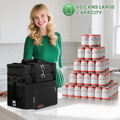 MIYCOO Expandable Double Deck Cooler Bag - 60 Can Leakproof Portable Cooler, Black 30L