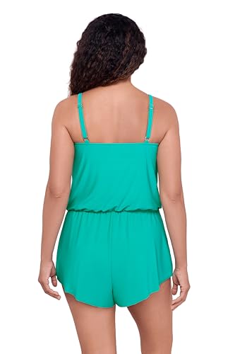 Women's V-Neck Blouson Swim Romper with Pocket - Large Jade