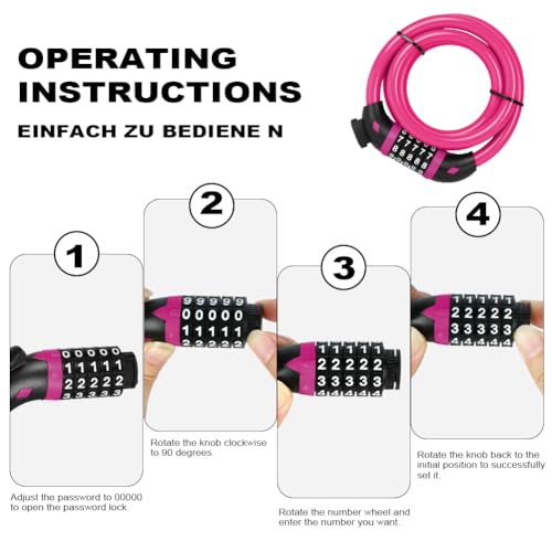 Ainiv Bike Lock Cable 4ft/120cm with Mounting Bracket - Rose Red