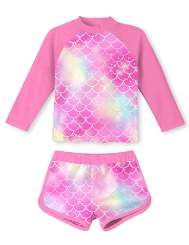 Girls Rash Guard Two-Piece Long Sleeve Swimsuit Set - Pink & Yellow, 5-6 Years