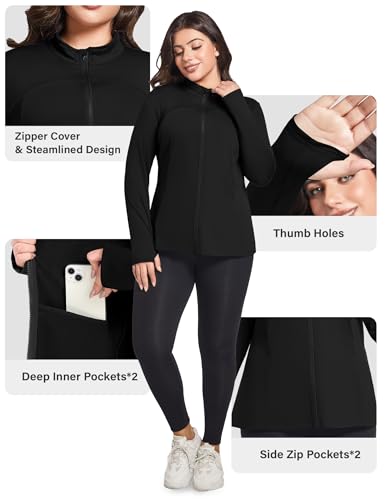 Plus Size Workout Jacket for Women - Lightweight Full Zip Yoga Top with Thumb Holes - Black, XX-Large