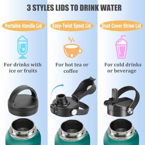 Water Bottle Insulated 32oz 40oz 64oz 128oz Straw Lid Spout Lid & 3 Lids, Leak Proof, Vacuum Insulated,Stainless Steel Water Bottle Wide Mouth for Sports, Gym or Office