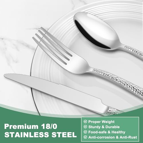 Wave Hammered Silverware Set for 8 - 40-Piece Stainless Steel Flatware Collection