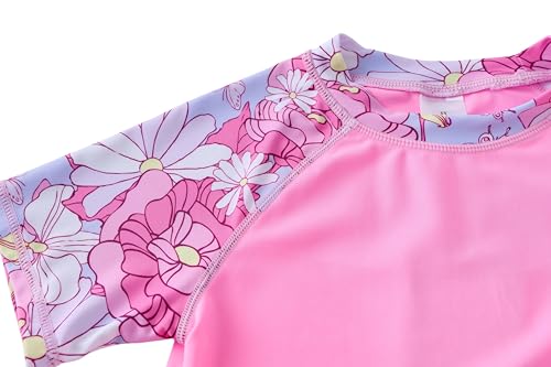 Girls Rash Guard Swimsuit Short Sleeve Bathing Suit Set - Pink Dahlia, 6 Years