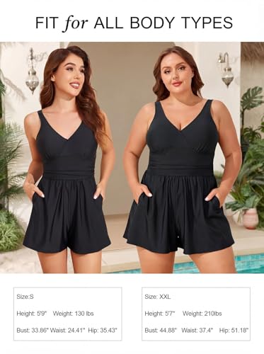 Women’s Black Swim Romper with Tummy Control V-Neck & Shorts - Large
