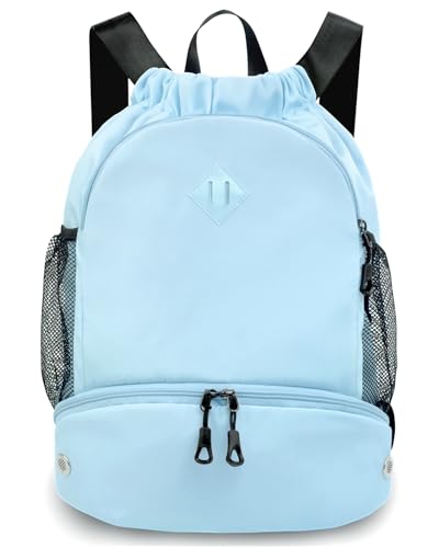 Large Water-Resistant Drawstring Backpack with Shoe & Wet Pocket - Blue