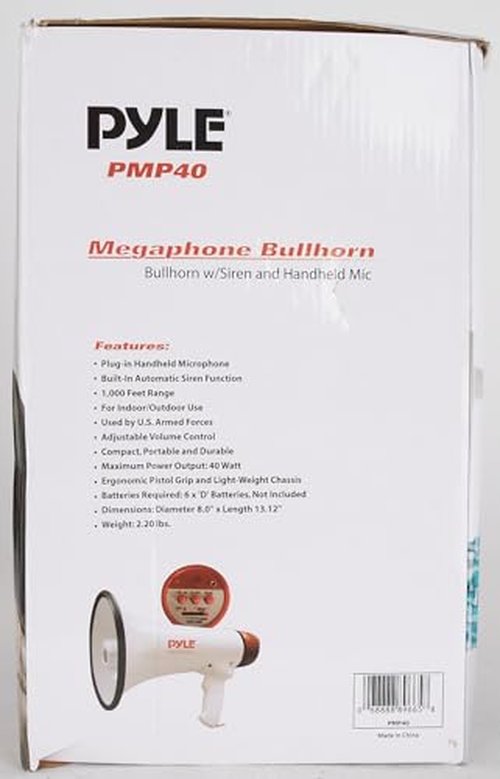 Pyle 40 Watt Professional Megaphone Clear Sound & Ergonomic Grip - Multi-Function with Talk, Siren, Volume Control - Detachable Handheld Mic - Indoor & Outdoor Sports, Emergency Response