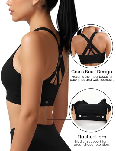 Women’s Sports Bra with Removable Cups - Black, Large, Medium Support Workout Yoga Running