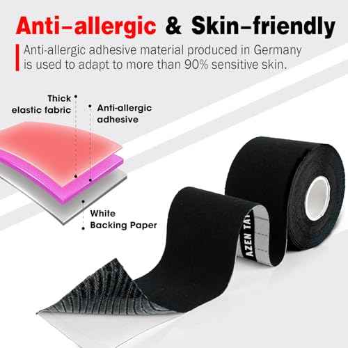 AZEN 3 Rolls Kinesiology Tape, 16.4 ft Waterproof Kinetic Tape for Joints Support and Muscle Pain Relief, Uncut Muscle Tape, Knee Tape, Athletic Tape - Black