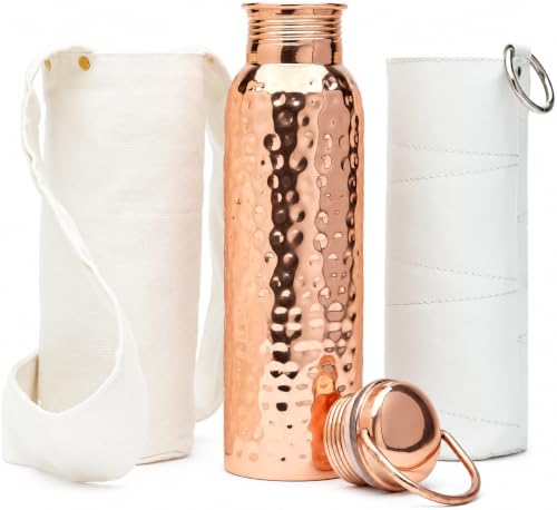 Pure Hammered Copper Water Bottle 34 oz with Handle & Canvas Sleeve
