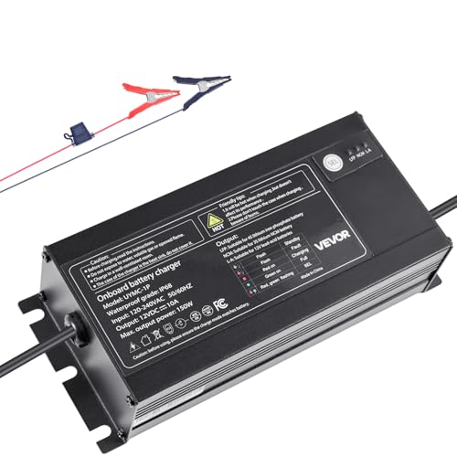 VEVOR Marine Battery Charger, 1-Bank, 10A 12V Onboard Boat Charger, IP68 Waterproof Smart On-Board Battery Charger, for Lithium-Ion (LiFePO4), NCM, Lead-Acid Batteries, Large Boat, Yacht, RV, Trailer