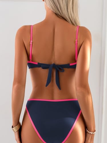 Women's Push Up Bikini Set - Large Blue & Rose Pink Two-Piece Swimsuit with Underwire & Contrast Binding
