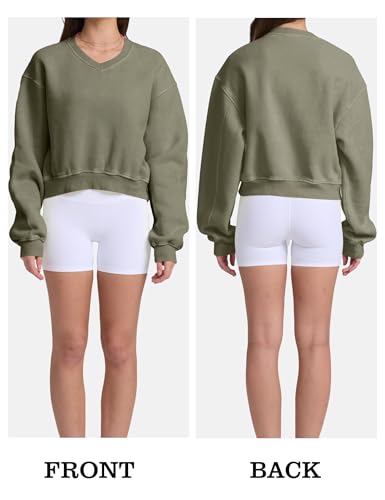 Women’s Cropped Sweatshirt with V-Neck Acid Wash, Soft Fleece, Green, Medium
