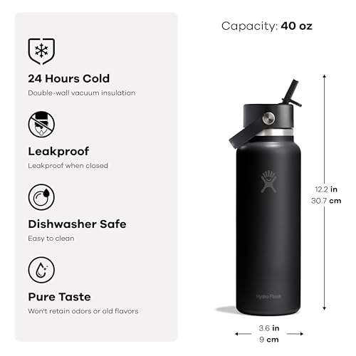Insulated 40 Oz Stainless Steel Water Bottle with Leakproof Straw Lid