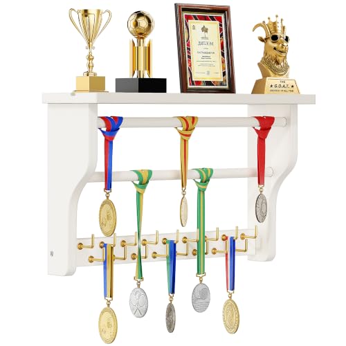 White 3-Tier Solid Wood Medal Hanger Display with Brass Hooks