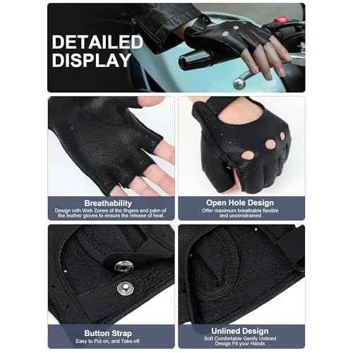 GSG Men Fingerless Gloves Driving Leather Cycling Half Finger Motorcycle Unlined Gloves for Cycling