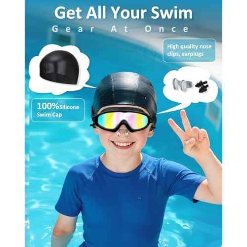 Kids Swim Goggles, Anti-fog, UV Protection and Wide View Swimming Goggles & Swim Cap for Age 3-15 Boys Girls Toddler