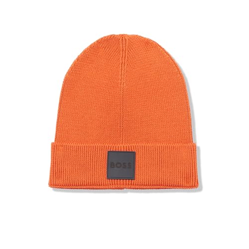 BOSS Men's Ribbed Beanie with Felt Woven Center Logo