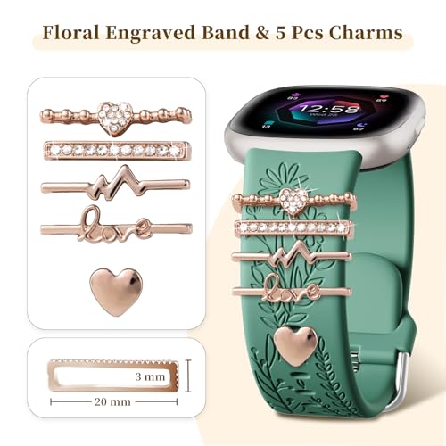 Green Sport Silicone Fitbit Versa 3/4 & Sense Charms Band with Cute Rings - Women