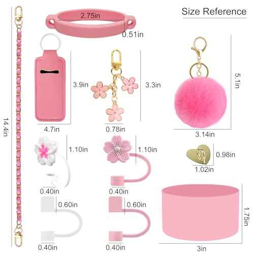 Velaco 11 PCS Accessories for Stanley Cup, Water Bottle Handle Strap for Stanley 30/40 oz tumbler with handle, including Straw Toppers, Silicone Cup Boot, Keychain Charms - PINK