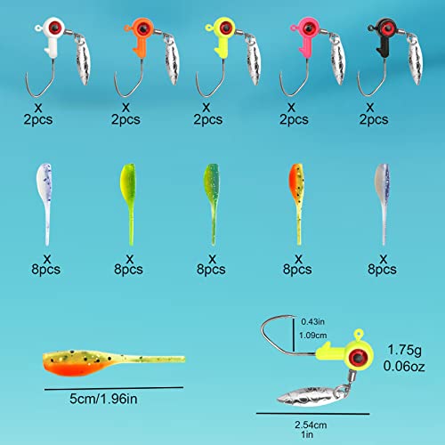 Crappie Fishing Lure Set 50pcs with Jig Heads & Hooks - 2in Baits, Includes Variation A