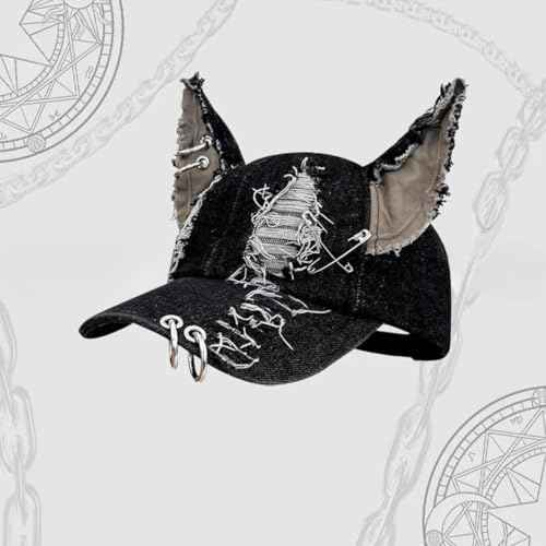 Cat Ear Baseball Cap Iron Ring Trucker Hat Women Caps Distressed Denim Baseball Cap Grunge Aesthetic Hat