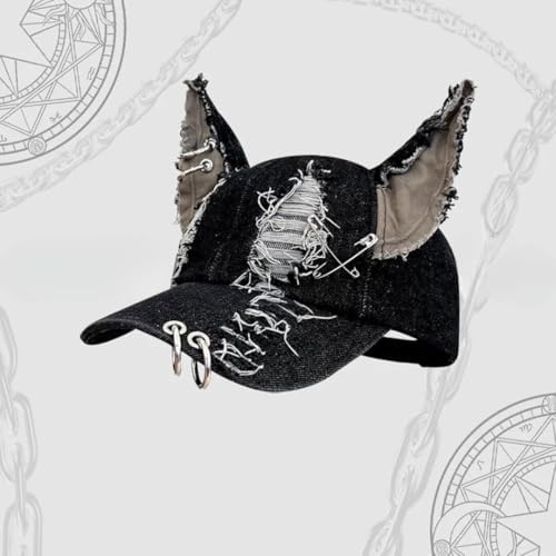 Cat Ear Baseball Cap Women Trucker Hat Distressed Denim Grunge Aesthetic