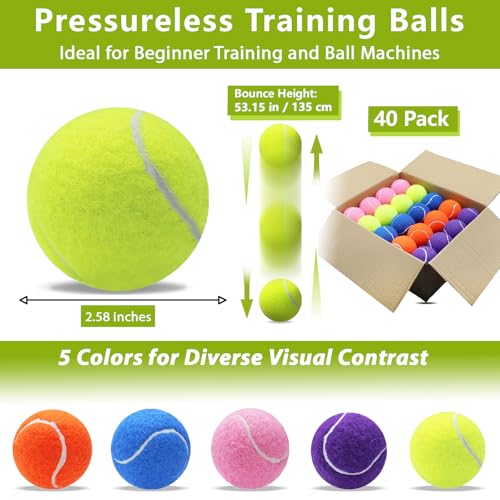 Multi-Color 40 Pack Tennis Balls for Practice & Dog Play - Durable Rubber & Felt
