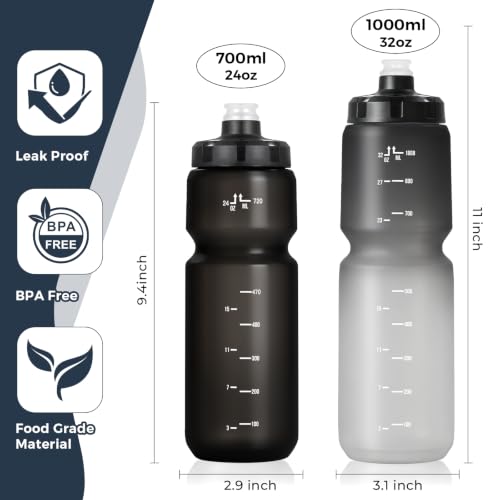 2 Pack 32oz Bike Water Bottles BPA-Free Reusable Sports Hydration Bottles - Black White & Black, 1L