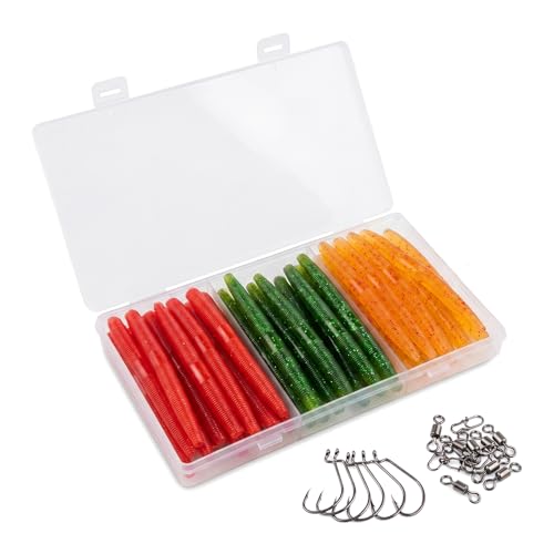 50PCS Fishing Worm Lure Kit with Hooks & Swivels - Soft Plastic Bass Baits