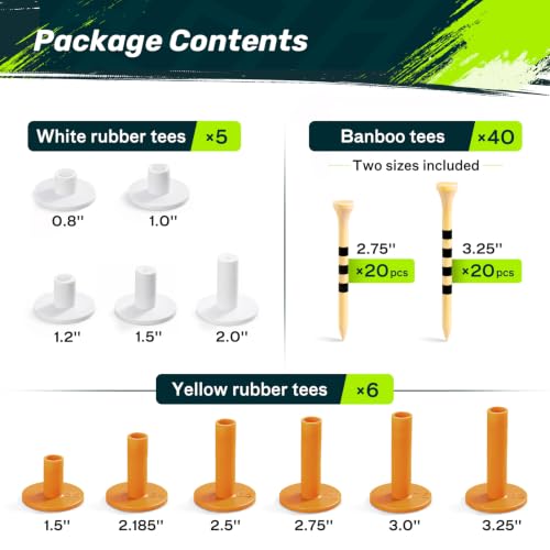 SAPLIZE White & Yellow Golf Tee Set 11 Pack with Rubber & Bamboo Tees for Practice & Range