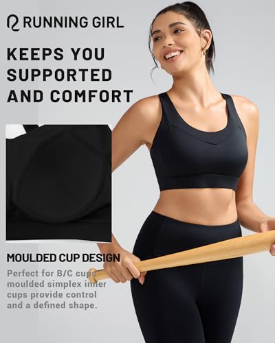 Running Girl Women’s High Support Sports Bra with Molded Cups & Strappy Design - Black, Medium